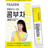 ProtoClinical k-beauty [TEAZEN] Kombucha Lemon (10 Sticks) kombucha stick box packshot with lemon-yellow packaging on a light square background