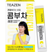 ProtoClinical k-beauty [TEAZEN] Kombucha Lemon (10 Sticks) kombucha stick box packshot with lemon-yellow packaging on a light square background