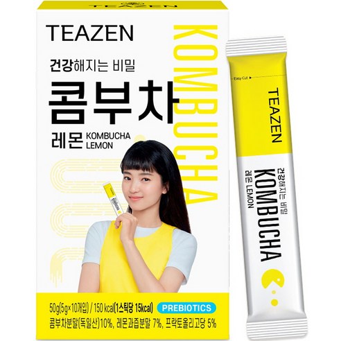 ProtoClinical k-beauty [TEAZEN] Kombucha Lemon (10 Sticks) kombucha stick box packshot with lemon-yellow packaging on a light square background