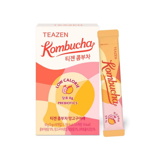 ProtoClinical k-beauty [TEAZEN] Kombucha Mango & Guava (10 Sticks) kombucha stick box packshot with mango guava packaging on a light square background