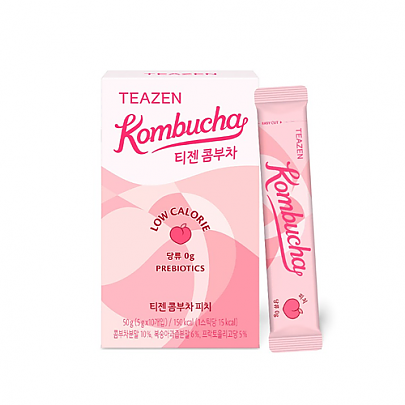 ProtoClinical k-beauty [TEAZEN] Kombucha Peach (10 Sticks) kombucha stick box packshot with peach-toned packaging on a light square background