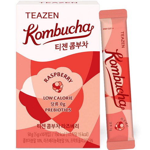 ProtoClinical k-beauty [TEAZEN] Kombucha Raspberry (10 Sticks) kombucha stick box packshot with raspberry-toned packaging on a light square background