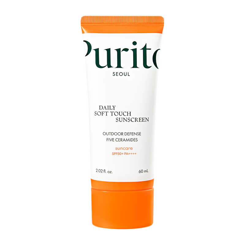 ProtoClinical k-beauty [PURITO SEOUL] Daily Soft Touch Sunscreen SPF50+ PA++++ 60ml benefit graphic on a light background.