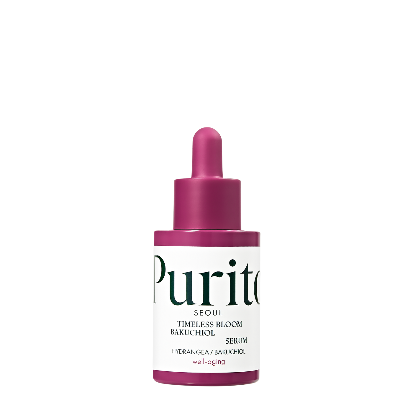 ProtoClinical k-beauty [PURITO SEOUL] Timeless Bloom Bakuchiol Serum 30ml shown as a soft mauve vertical silhouette on a pale cream background