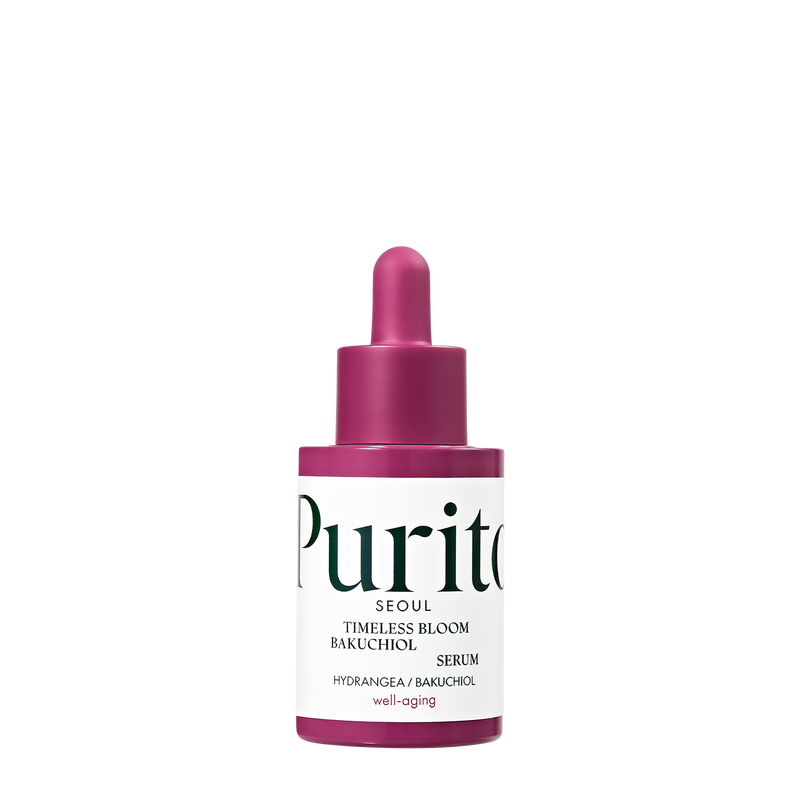 ProtoClinical k-beauty [PURITO SEOUL] Timeless Bloom Bakuchiol Serum 30ml shown as a soft mauve vertical silhouette on a pale cream background