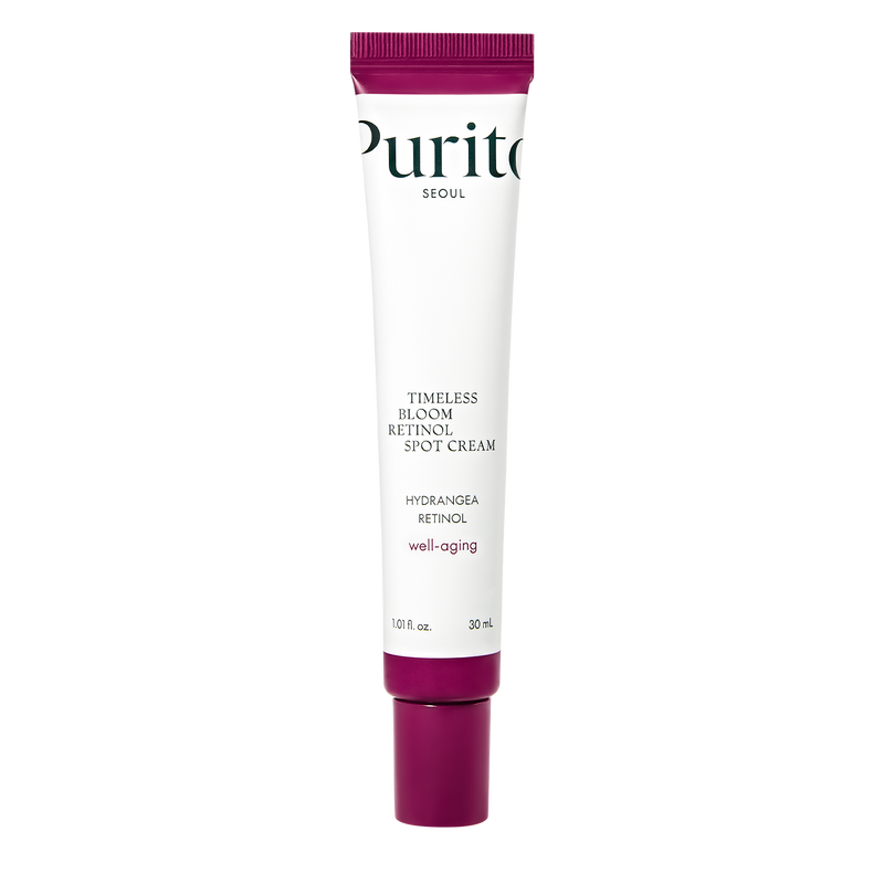ProtoClinical k-beauty [PURITO SEOUL] Timeless Bloom Retinol Spot Cream 30ml benefit graphic on a light background.