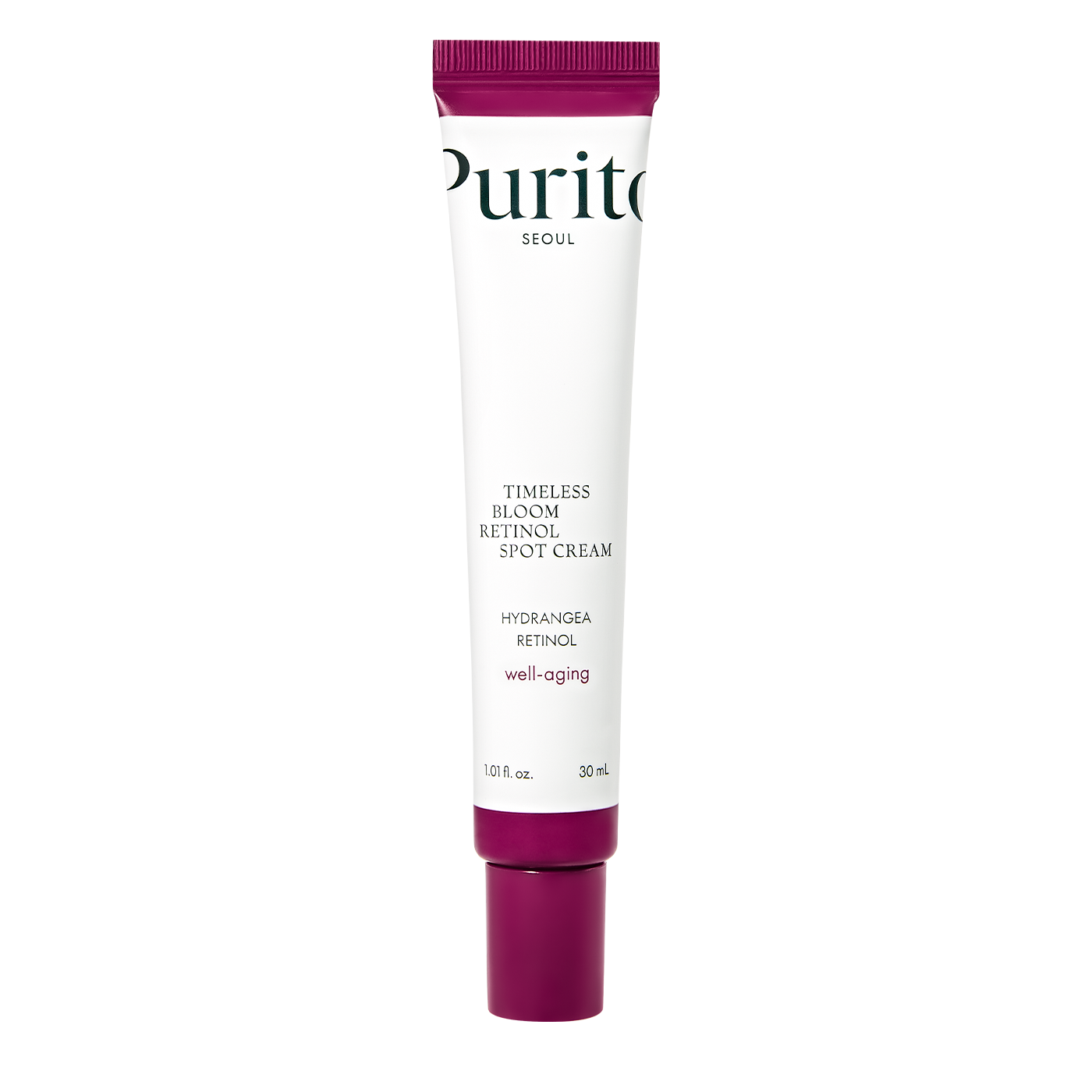 ProtoClinical k-beauty [PURITO SEOUL] Timeless Bloom Retinol Spot Cream 30ml benefit graphic on a light background.