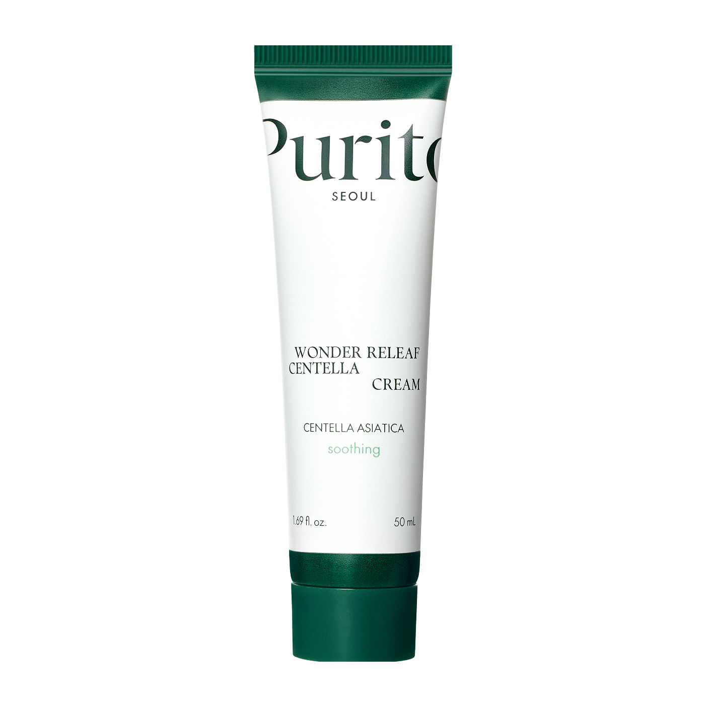 ProtoClinical k-beauty [PURITO SEOUL] Wonder Releaf Centella Cream 50ml benefit graphic with two informational panels on a light background.