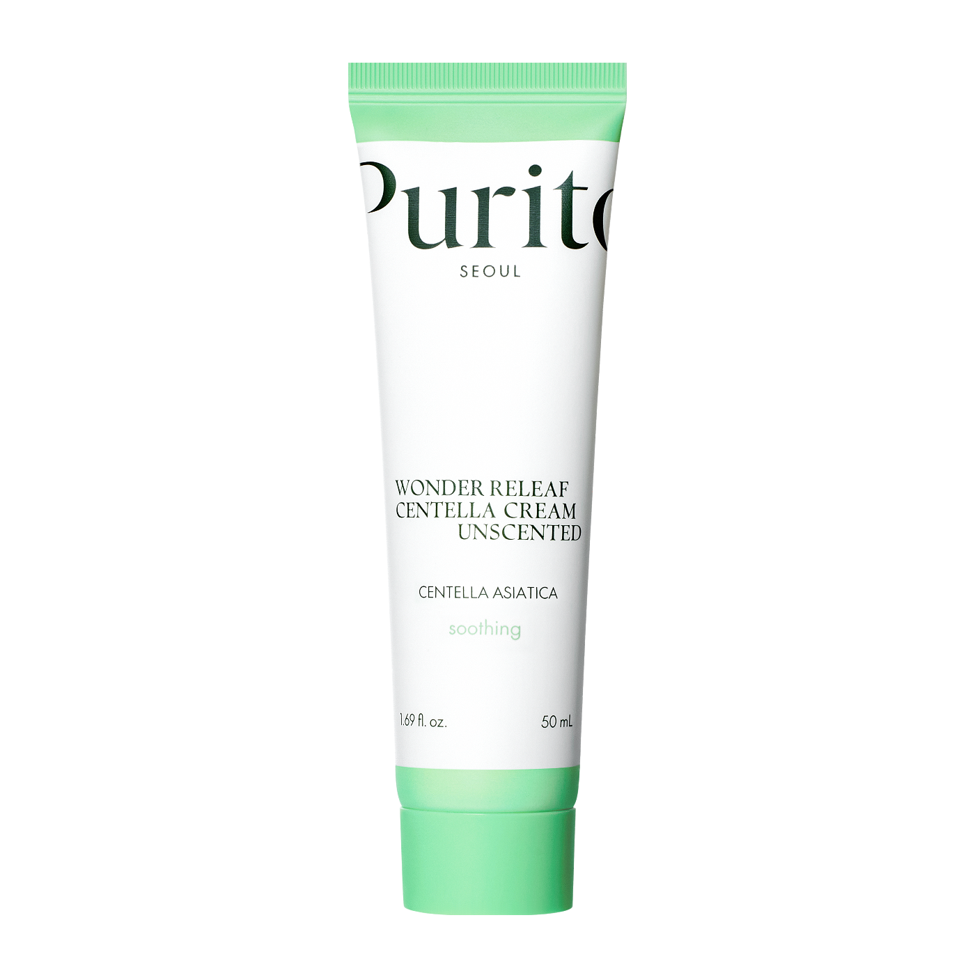 ProtoClinical k-beauty [PURITO SEOUL] Wonder Releaf Centella Cream Unscented 50ml benefit graphic with two informational panels on a light background.