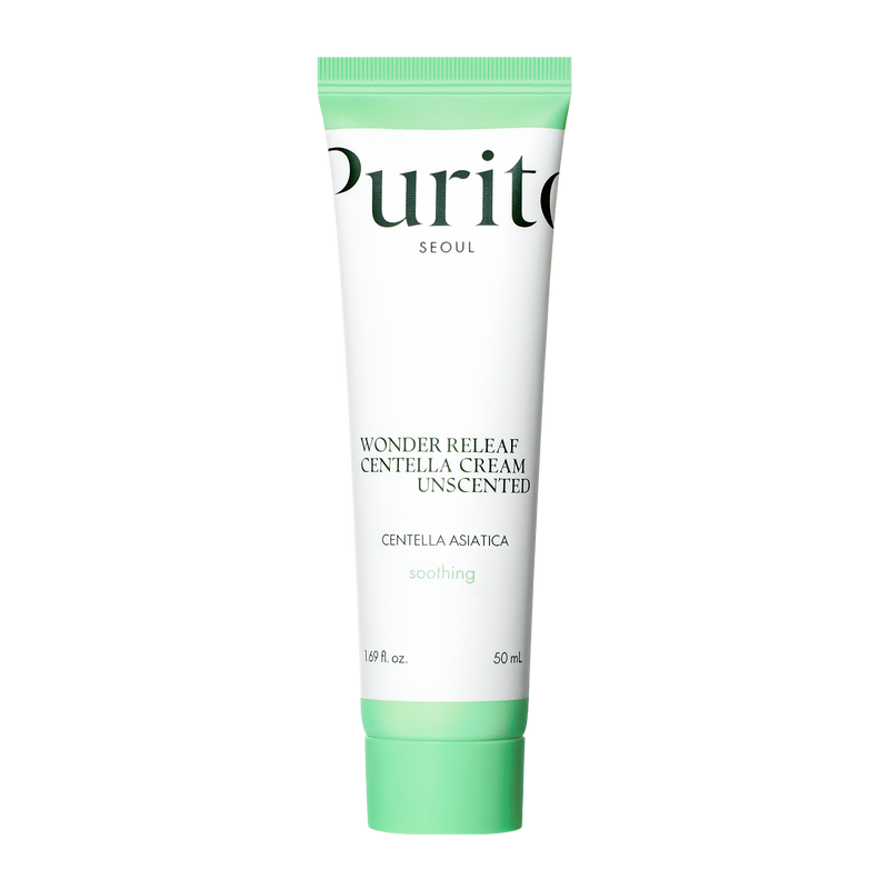 ProtoClinical k-beauty [PURITO SEOUL] Wonder Releaf Centella Cream Unscented 50ml benefit graphic with two informational panels on a light background.