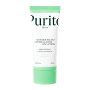 ProtoClinical k-beauty [PURITO SEOUL] Wonder Releaf Centella Daily Sun Lotion SPF50+ PA++++ 60ml benefit graphic on a light background.