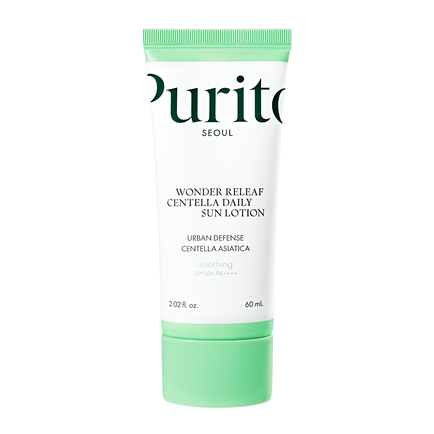 ProtoClinical k-beauty [PURITO SEOUL] Wonder Releaf Centella Daily Sun Lotion SPF50+ PA++++ 60ml benefit graphic on a light background.