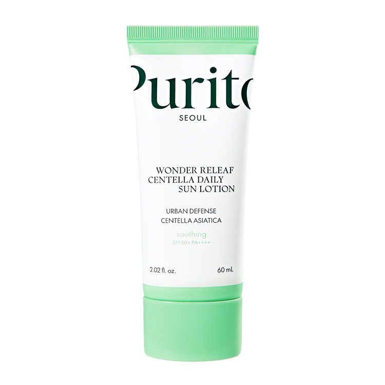 ProtoClinical k-beauty [PURITO SEOUL] Wonder Releaf Centella Daily Sun Lotion SPF50+ PA++++ 60ml benefit graphic on a light background.
