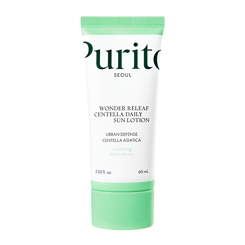 ProtoClinical k-beauty [PURITO SEOUL] Wonder Releaf Centella Daily Sun Lotion SPF50+ PA++++ 60ml benefit graphic on a light background.