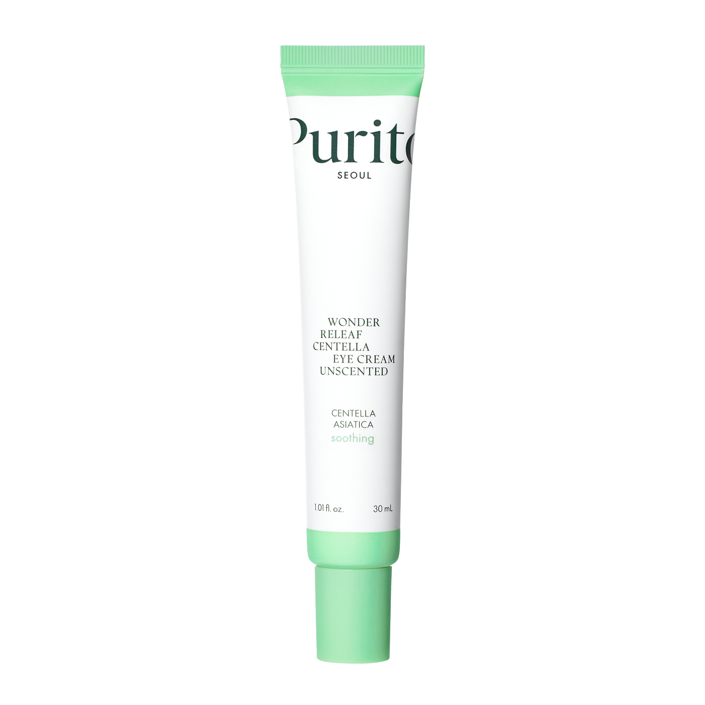 ProtoClinical k-beauty [PURITO SEOUL] Wonder Releaf Centella Eye Cream Unscented 30ml benefit graphic with two informational panels on a light background.