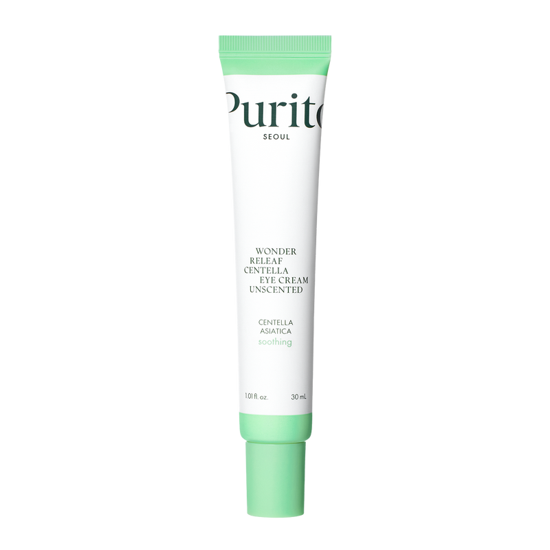 ProtoClinical k-beauty [PURITO SEOUL] Wonder Releaf Centella Eye Cream Unscented 30ml benefit graphic with two informational panels on a light background.