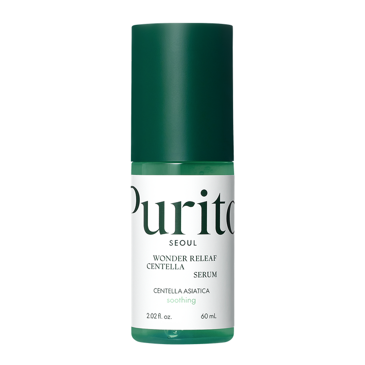 ProtoClinical k-beauty [PURITO SEOUL] Wonder Releaf Centella Serum 60ml shown as a deep green vertical silhouette with pale cream side tones