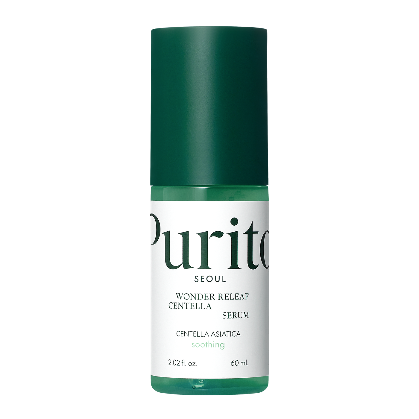 ProtoClinical k-beauty [PURITO SEOUL] Wonder Releaf Centella Serum 60ml shown as a deep green vertical silhouette with pale cream side tones