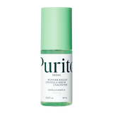 ProtoClinical k-beauty [PURITO SEOUL] Wonder Releaf Centella Serum Unscented 60ml benefit graphic with two text panels and a soft green center on a pale cream background