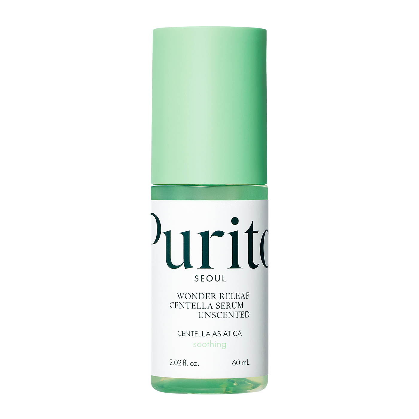 ProtoClinical k-beauty [PURITO SEOUL] Wonder Releaf Centella Serum Unscented 60ml benefit graphic with two text panels and a soft green center on a pale cream background