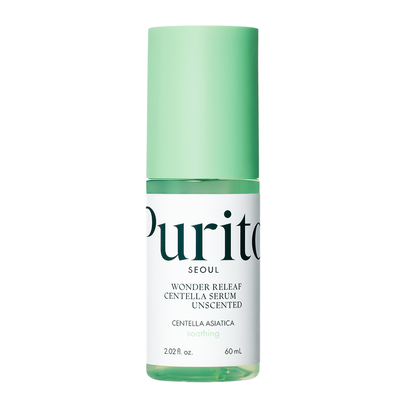 ProtoClinical k-beauty [PURITO SEOUL] Wonder Releaf Centella Serum Unscented 60ml benefit graphic with two text panels and a soft green center on a pale cream background