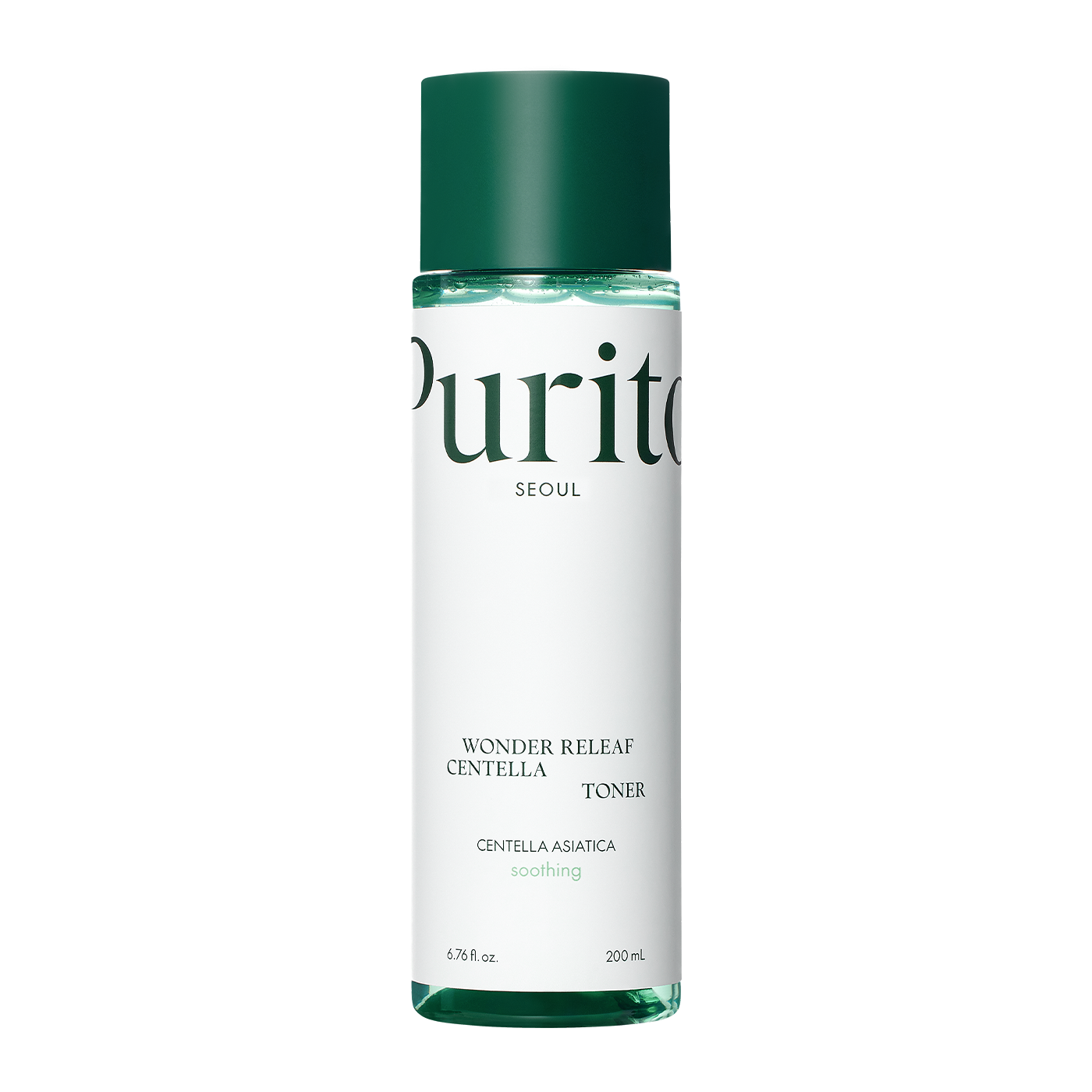 ProtoClinical k-beauty [PURITO SEOUL] Wonder Releaf Centella Toner 200ml benefit graphic with two informational panels on a light background.
