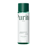 ProtoClinical k-beauty [PURITO SEOUL] Wonder Releaf Centella Toner 200ml benefit graphic with two informational panels on a light background.