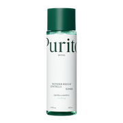 ProtoClinical k-beauty [PURITO SEOUL] Wonder Releaf Centella Toner 200ml benefit graphic with two informational panels on a light background.