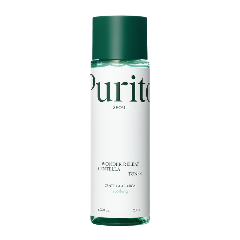 ProtoClinical k-beauty [PURITO SEOUL] Wonder Releaf Centella Toner 200ml benefit graphic with two informational panels on a light background.