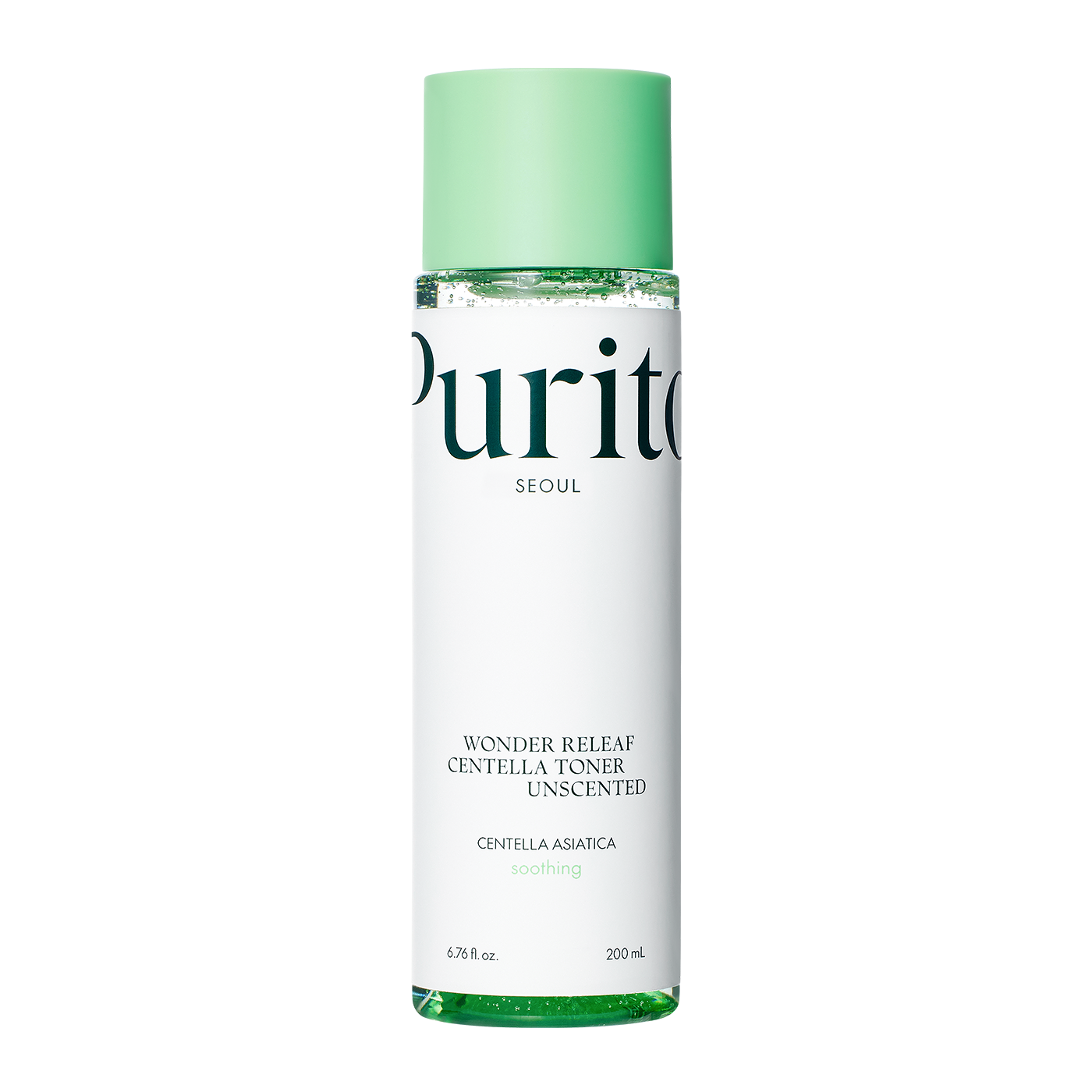 ProtoClinical k-beauty [PURITO SEOUL] Wonder Releaf Centella Toner Unscented 200ml benefit graphic with two informational panels on a light background.