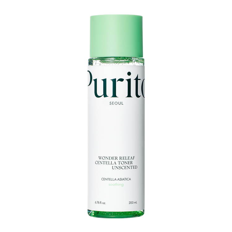 ProtoClinical k-beauty [PURITO SEOUL] Wonder Releaf Centella Toner Unscented 200ml benefit graphic with two informational panels on a light background.