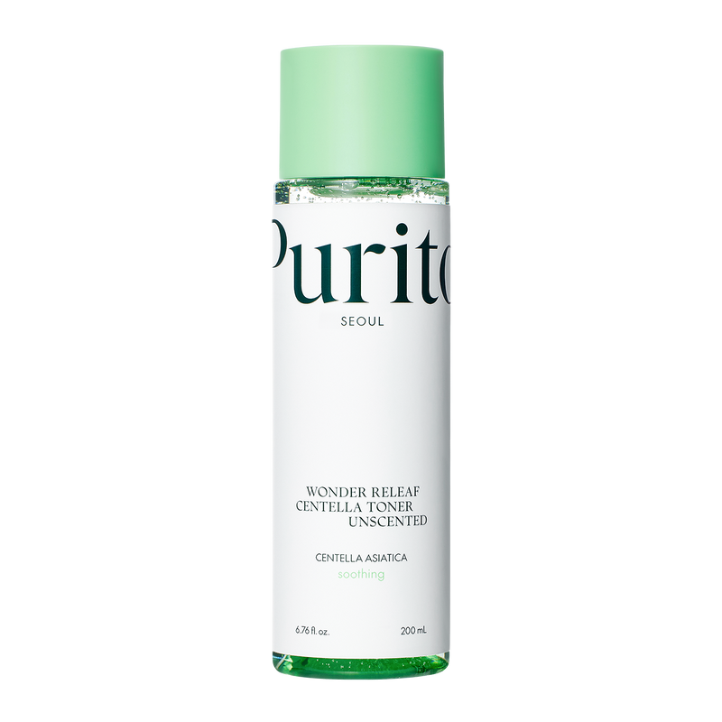 ProtoClinical k-beauty [PURITO SEOUL] Wonder Releaf Centella Toner Unscented 200ml benefit graphic with two informational panels on a light background.