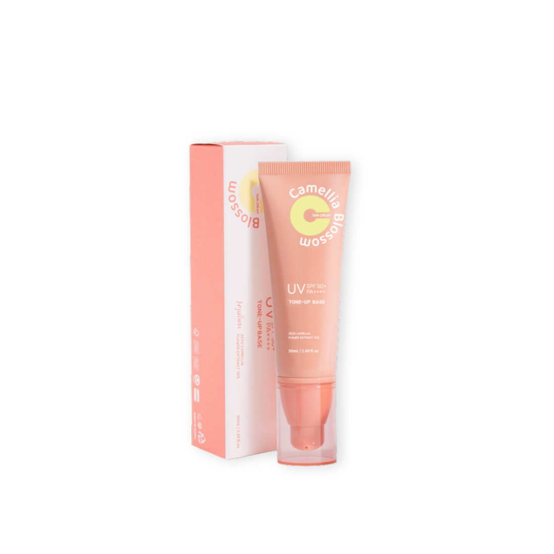 ProtoClinical k-beauty [JEJU INDI] Blossom Sun Cream 50ml soft mauve package silhouette centered on a clean white background.