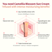 ProtoClinical k-beauty [JEJU INDI] Blossom Sun Cream 50ml soft beige package silhouette with warm gold accents on a clean white background.