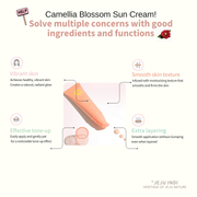 ProtoClinical k-beauty [JEJU INDI] Blossom Sun Cream 50ml soft rose packaging graphic with muted blue accents on a light background.
