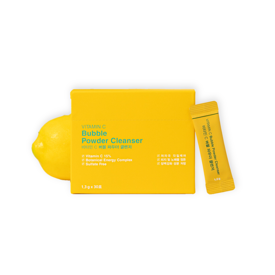ProtoClinical k-beauty [JEJU INDI] Vitamin C Bubble Powder Cleanser 30ea shown as a warm yellow graphic panel with soft lavender accents on a pale background