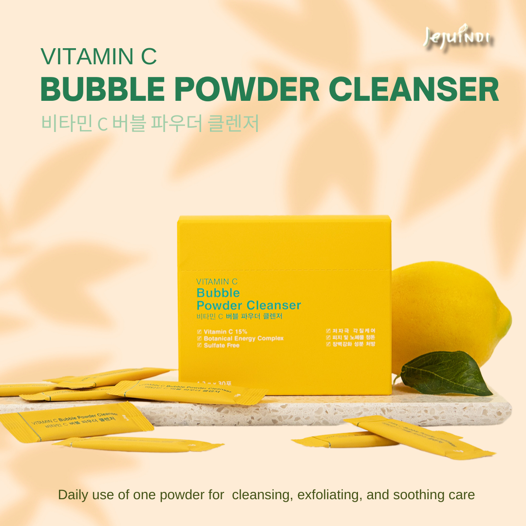 ProtoClinical k-beauty [JEJU INDI] Vitamin C Bubble Powder Cleanser 30ea shown as a yellow and lavender graphic panel with a warm gold center on a light background