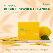ProtoClinical k-beauty [JEJU INDI] Vitamin C Bubble Powder Cleanser 30ea shown as a yellow and lavender graphic panel with a warm gold center on a light background