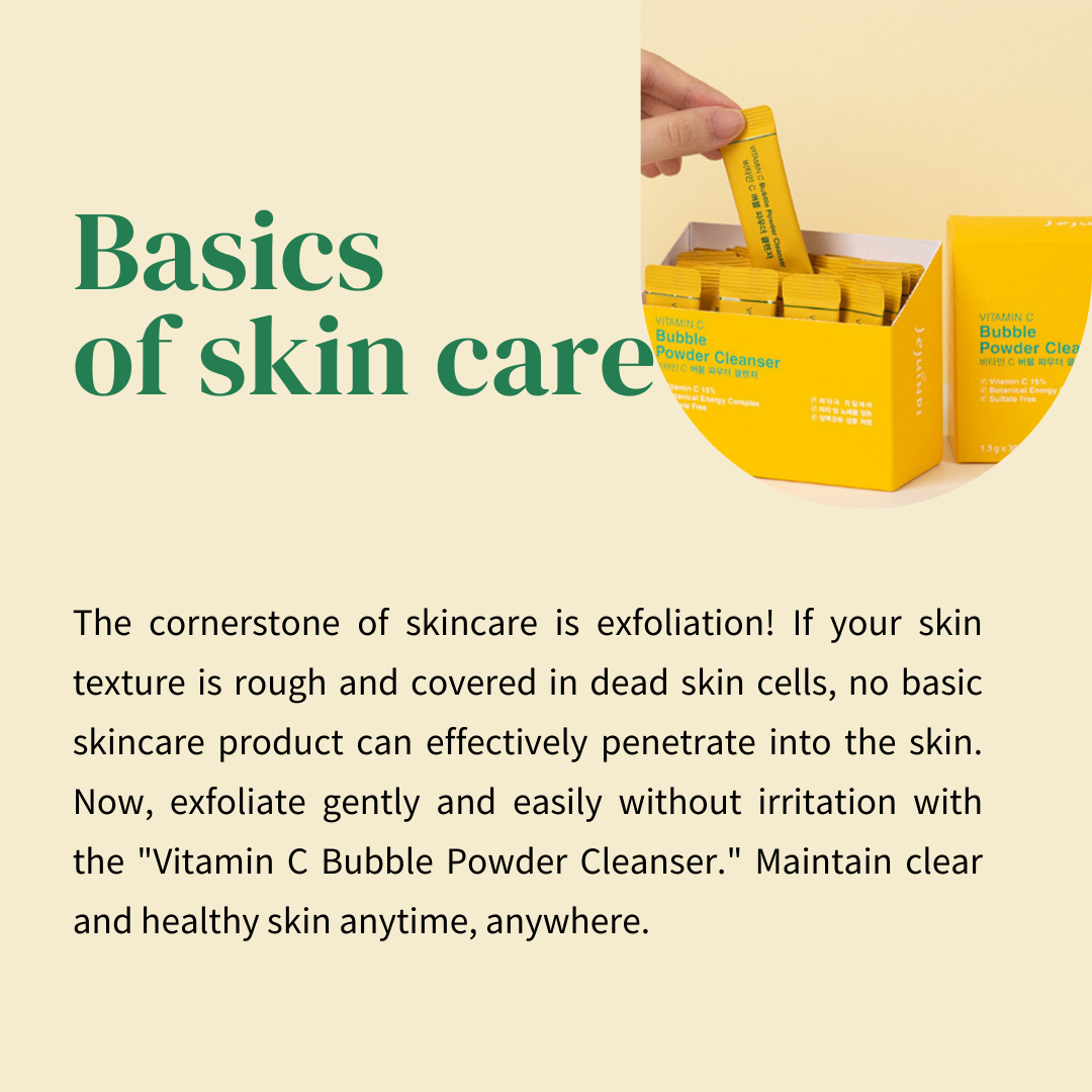 ProtoClinical k-beauty [JEJU INDI] Vitamin C Bubble Powder Cleanser 30ea shown as a cream graphic panel with a yellow right-side section on a light background