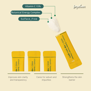 ProtoClinical k-beauty [JEJU INDI] Vitamin C Bubble Powder Cleanser 30ea shown as a cream graphic panel with a broad yellow lower band on a light background