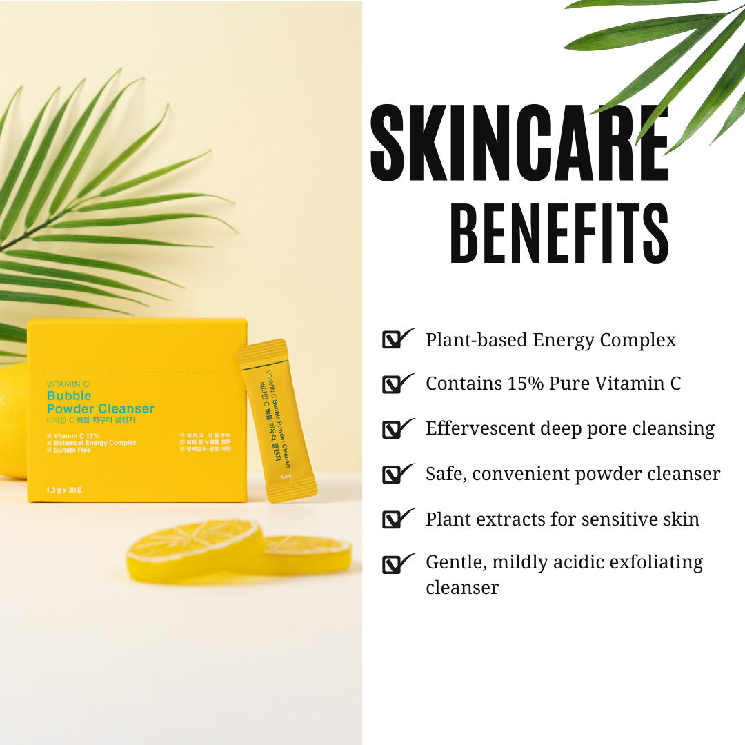 ProtoClinical k-beauty [JEJU INDI] Vitamin C Bubble Powder Cleanser 30ea shown as a yellow and pale blue graphic panel with a soft dark upper band on a light background