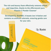 ProtoClinical k-beauty [JEJU INDI] Vitamin C Bubble Powder Cleanser 30ea shown as a cream graphic panel with olive and yellow lower bands on a light background