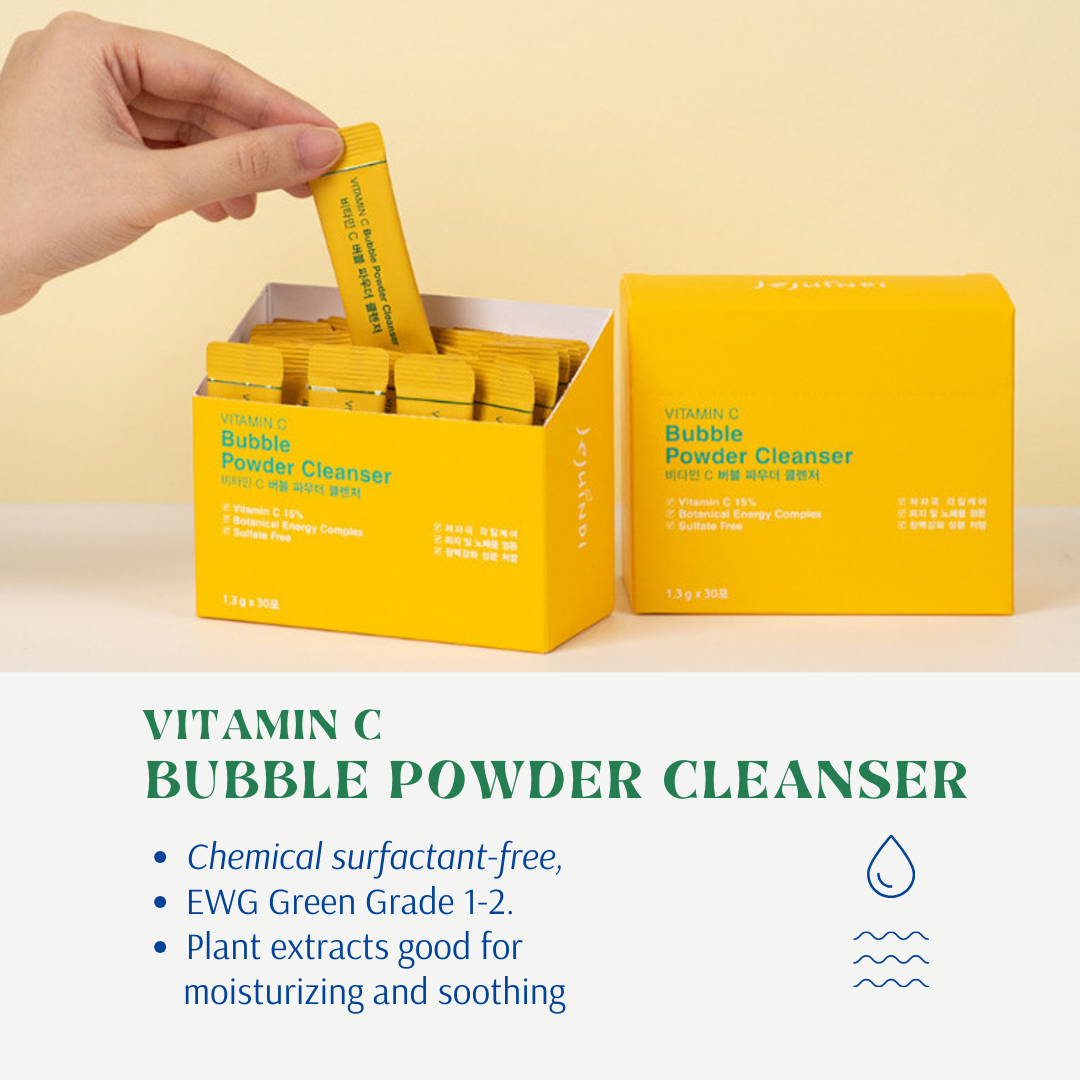 ProtoClinical k-beauty [JEJU INDI] Vitamin C Bubble Powder Cleanser 30ea shown as a multitone graphic with a yellow center and a white lower section on a light background