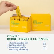ProtoClinical k-beauty [JEJU INDI] Vitamin C Bubble Powder Cleanser 30ea shown as a multitone graphic with a yellow center and a white lower section on a light background