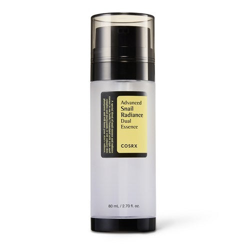 ProtoClinical k-beauty COSRX Advanced Snail Radiance Dual Essence 80ml single upright essence bottle centered on a white background with pale gold packaging
