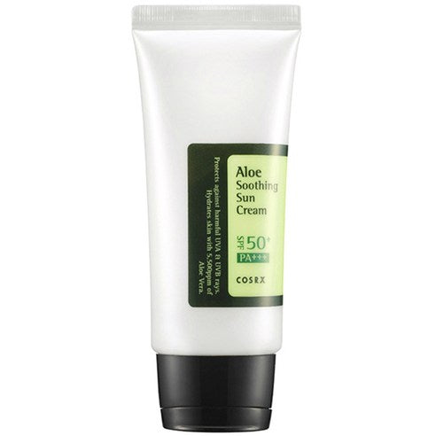 ProtoClinical k-beauty COSRX Aloe Soothing Sun Cream SPF50+/ PA+++ 50ml single upright sunscreen tube centered on a light background.