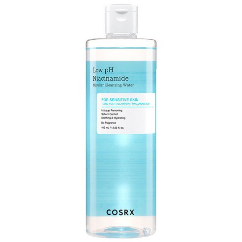 ProtoClinical k-beauty COSRX Low pH Niacinamide Micellar Cleansing Water 400ml single upright cleansing water bottle centered on a light background.