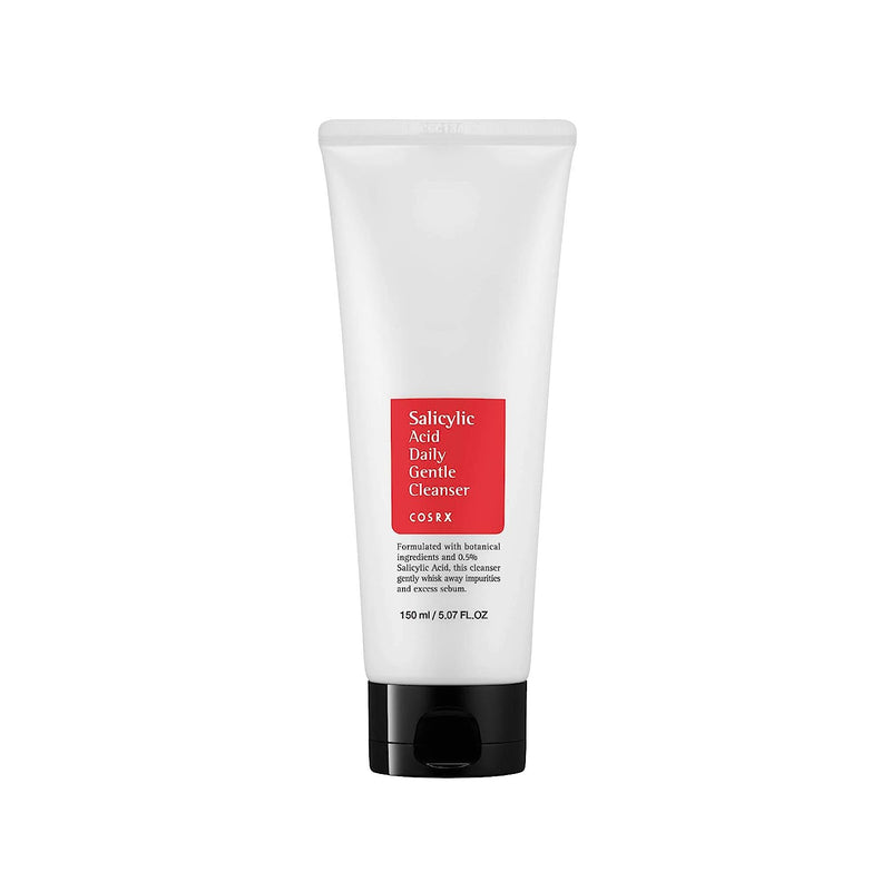 ProtoClinical k-beauty COSRX Salicylic Acid Daily Gentle Cleanser 150ml single upright cleanser tube centered on a light background.