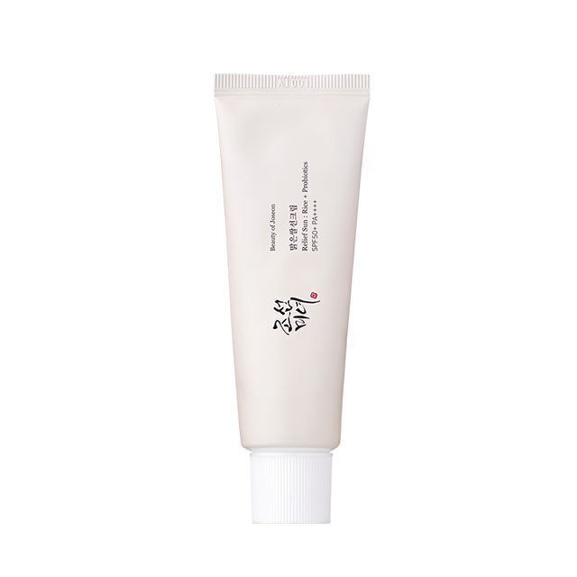 ProtoClinical k-beauty [Beauty of Joseon] Relief Sun: Rice + Probiotics 50ml (SPF50+ PA++++) single upright white sunscreen tube centered on a light background.