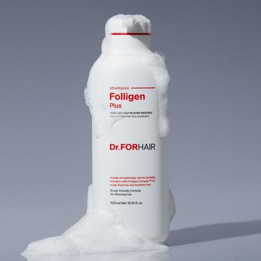 ProtoClinical k-beauty Dr.FORHAIR Folligen Plus Shampoo 500ml single upright shampoo bottle centered on a light background.